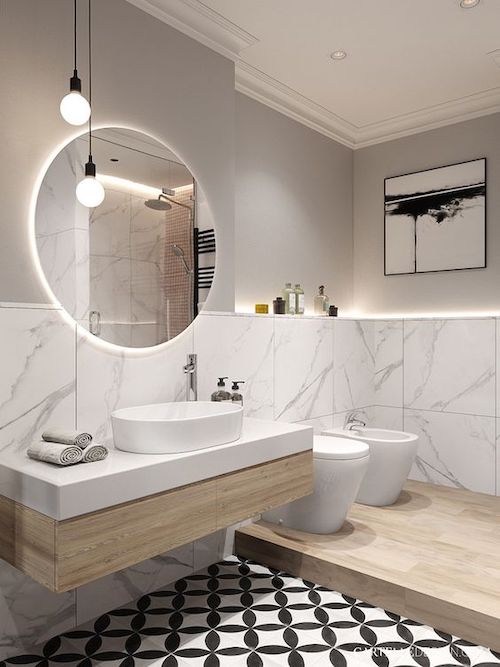 idee amenajare baie mare cu oglinda rotunda cu led