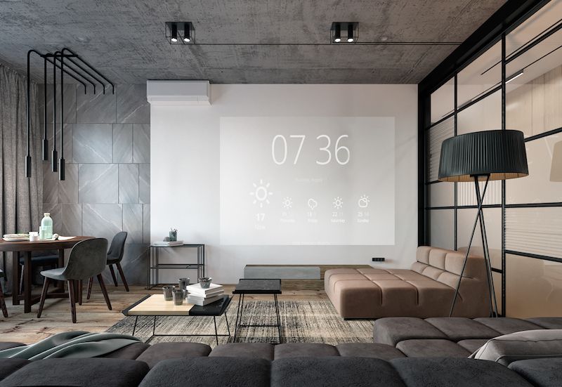 amenajare apartament living modern canapea video proiector