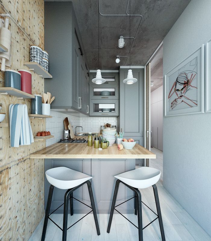 amenajare bucatarie moderna garsoniera scaune bar