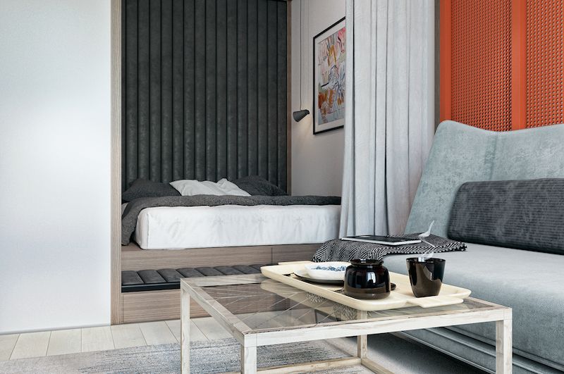 amenajare garsoniera dormitor cu living modern