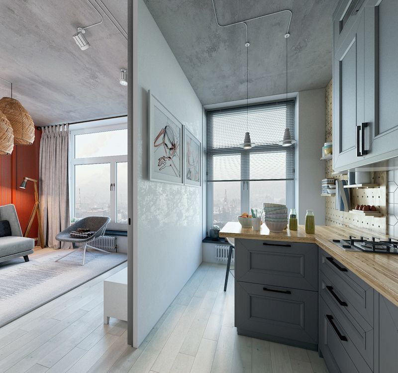 amenajare living cu bucatarie mobila gri garsoniera moderna 24 m2