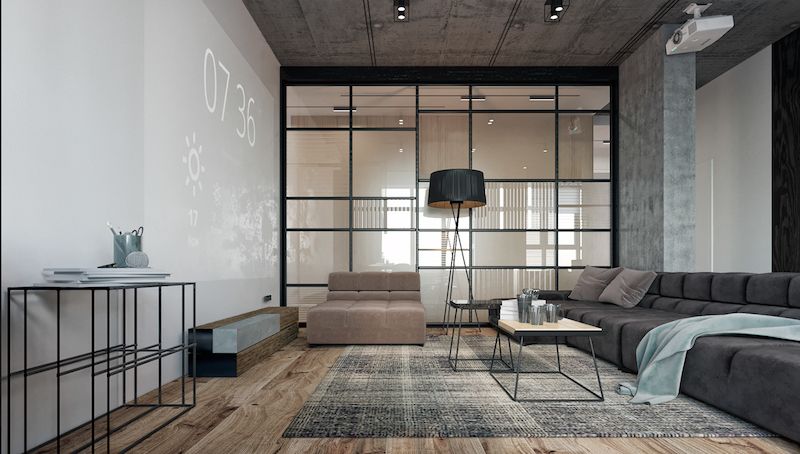 amenajare living modern canapea covor video proiector