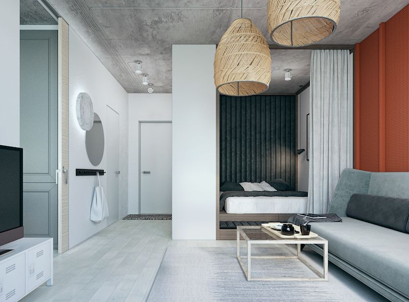 amenajare living modern in garsoniera pendul covor in living