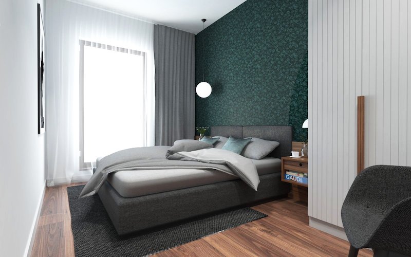 amenajare apartament mic dormitor cu tapet parchet dulap alb