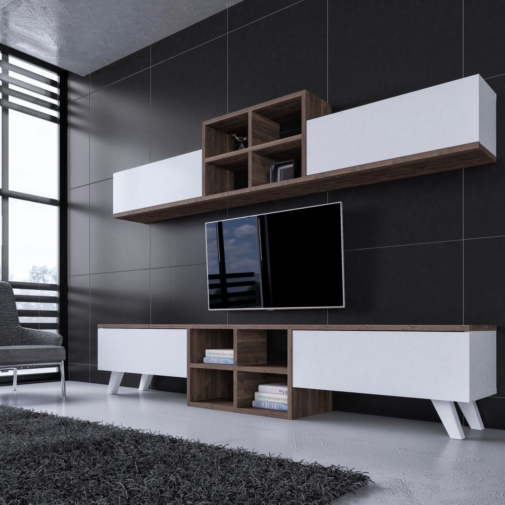 Mobila living Moderna Comoda TV Rafturi Alba Maro pentru living