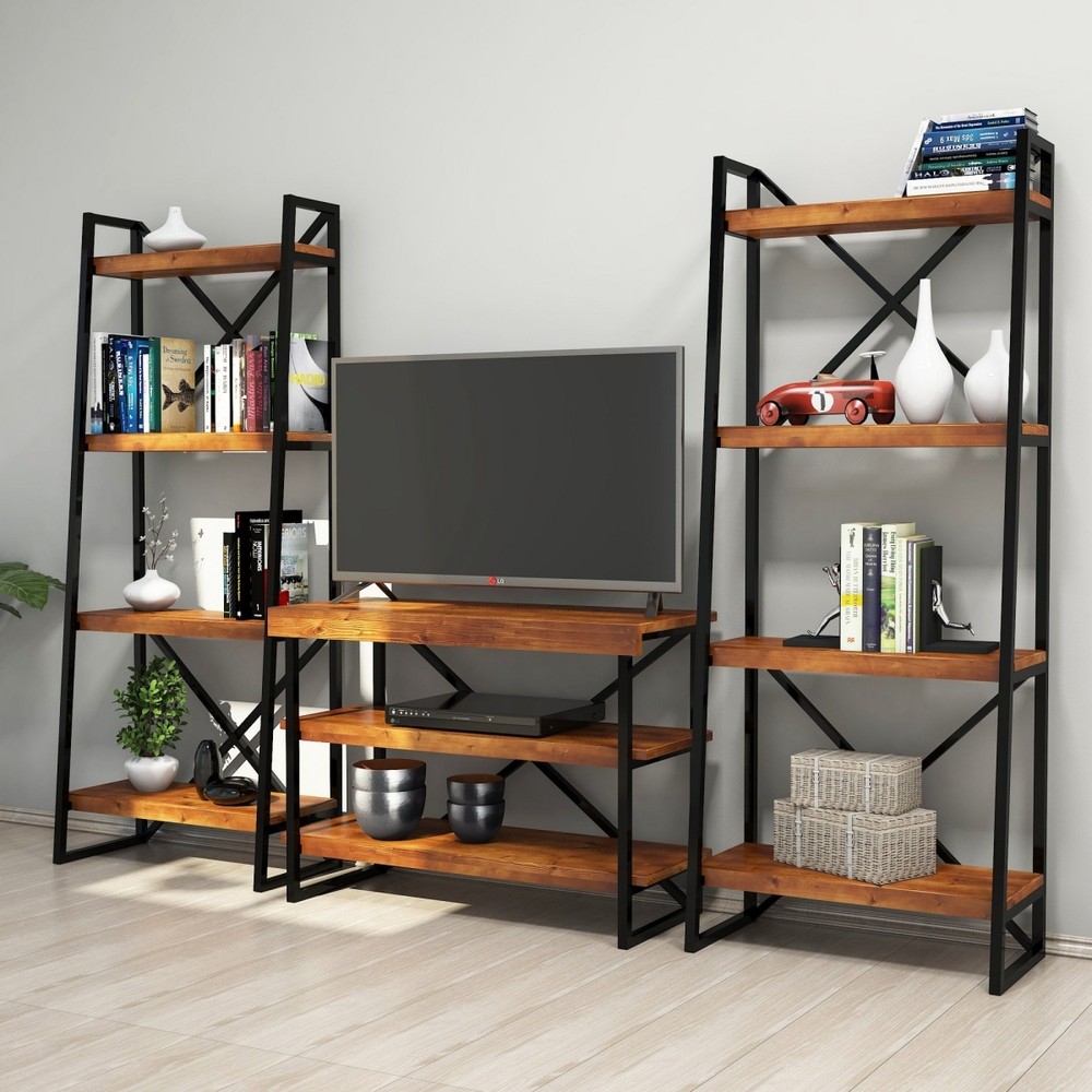 Mobila living cu design industrial Structura din metal Comoda TV Rafturi din lemn