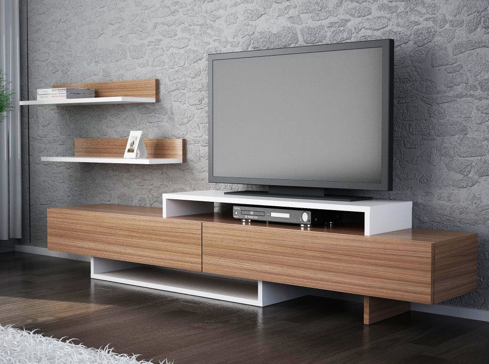 Set mobila living Modern Comoda TV Rafturi Maro Alb