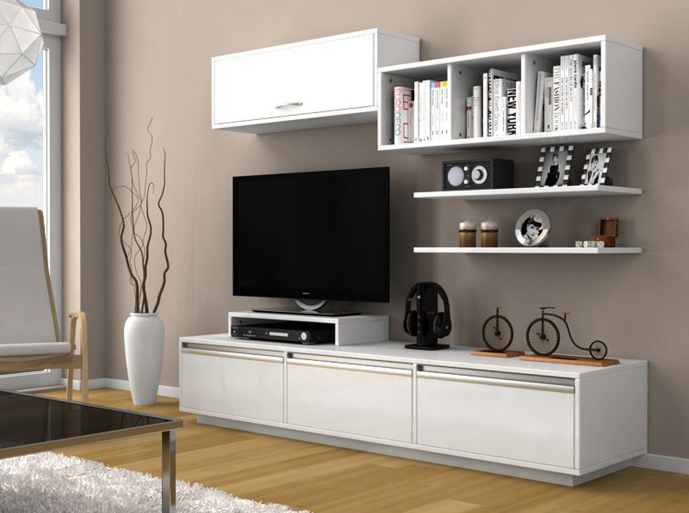 Set mobila living alba Comoda TV Rafturi Dulapuri Modern