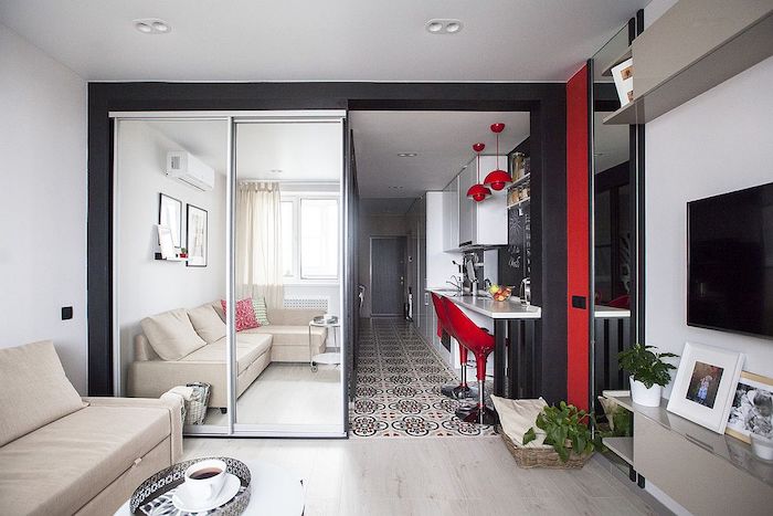 Idee amenajare garsoniera de 35 mp cu dormitor si living
