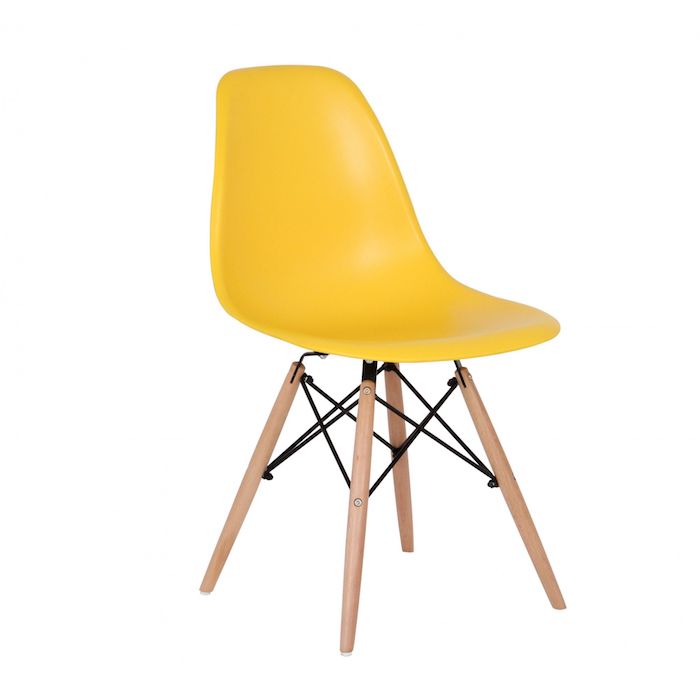 Scaun galben modern din plastic cadru fier picioare din lemn fara brate