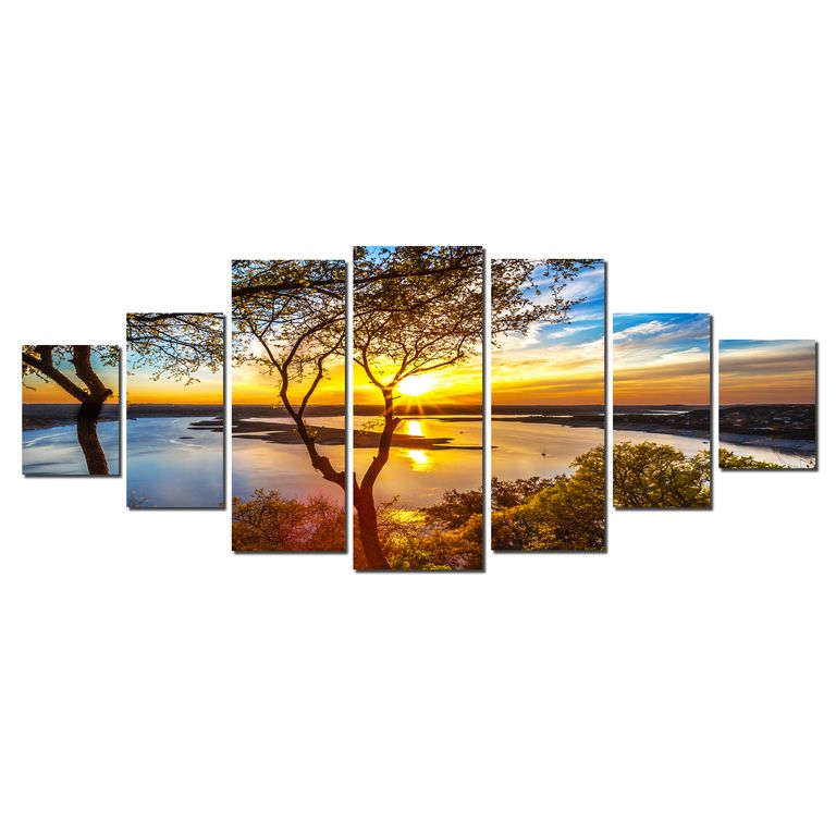 Tablou luminos in intuneric, Peisaj Apus pe lac, DualView, 7 piese, 100x240 cm