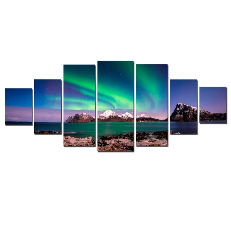 Tablou luminos in intuneric, Peisaj Aurora Boreala, DualView, 7 piese, 100x240 cm