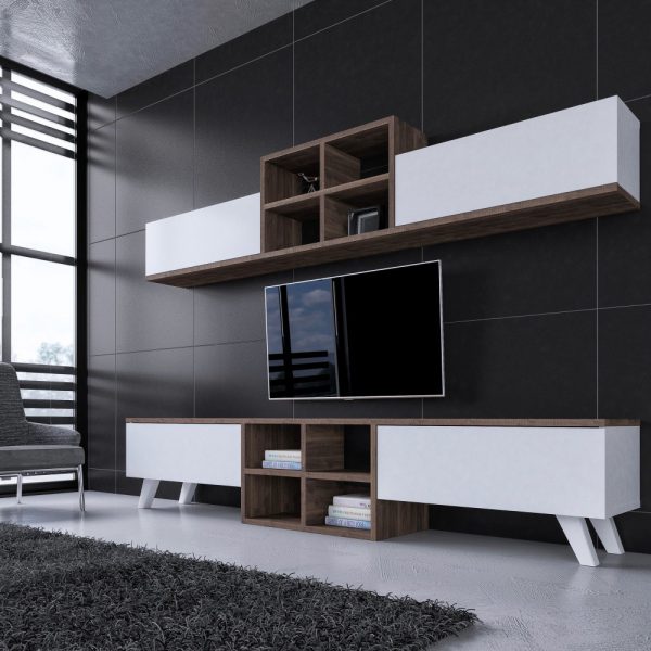 Mobila living Moderna Comoda TV Rafturi Alba Maro pentru living