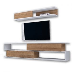 Set comodă TV și raft de perete în decor de lemn de nuc Manyetik, alb