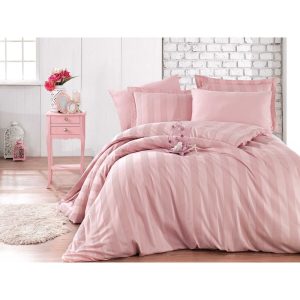 Lenjerie de pat din bumbac satinat pentru pat dublu cu cearsaf Hobby Wafel, 200 x 220 cm, roz
